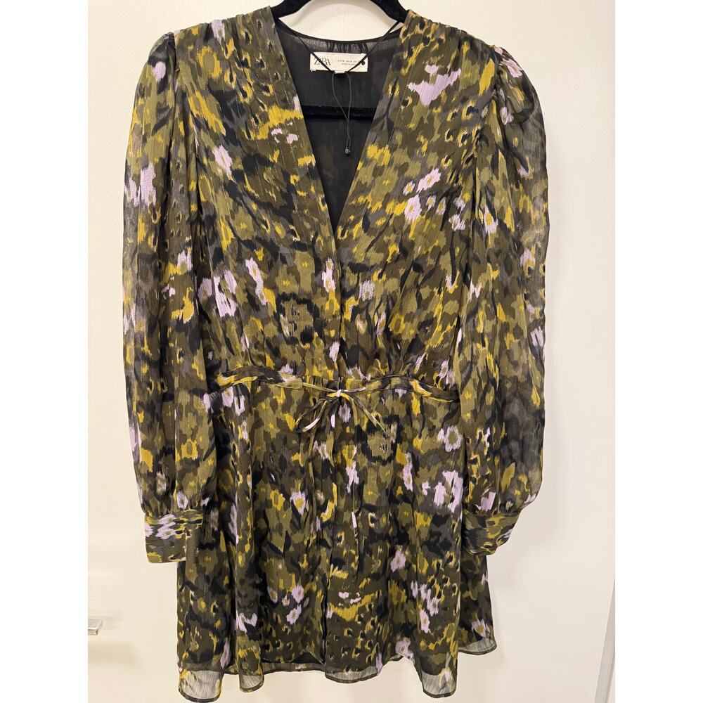Zara Mini Dress Women's Medium Green Floral Print Lined Tie Waist Minimalist